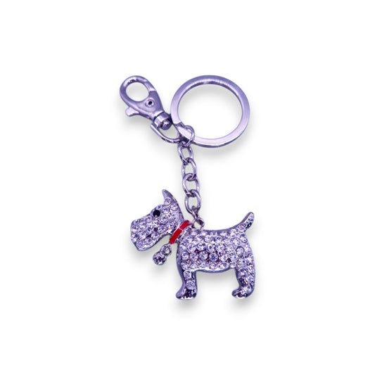 Silver Tone Clear Cubic Zirconia Nature Inspired Dog Keyring