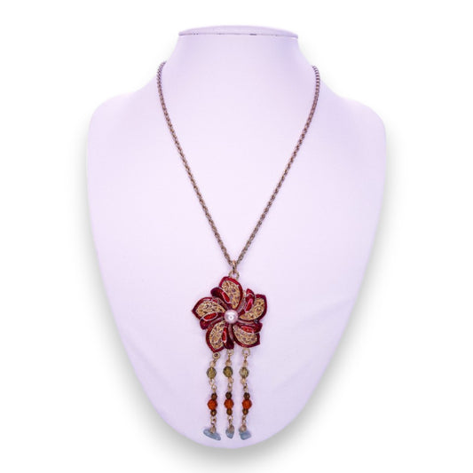 Gold Tone Faux Pearl & Enamelled Nature Inspired Flower Necklace
