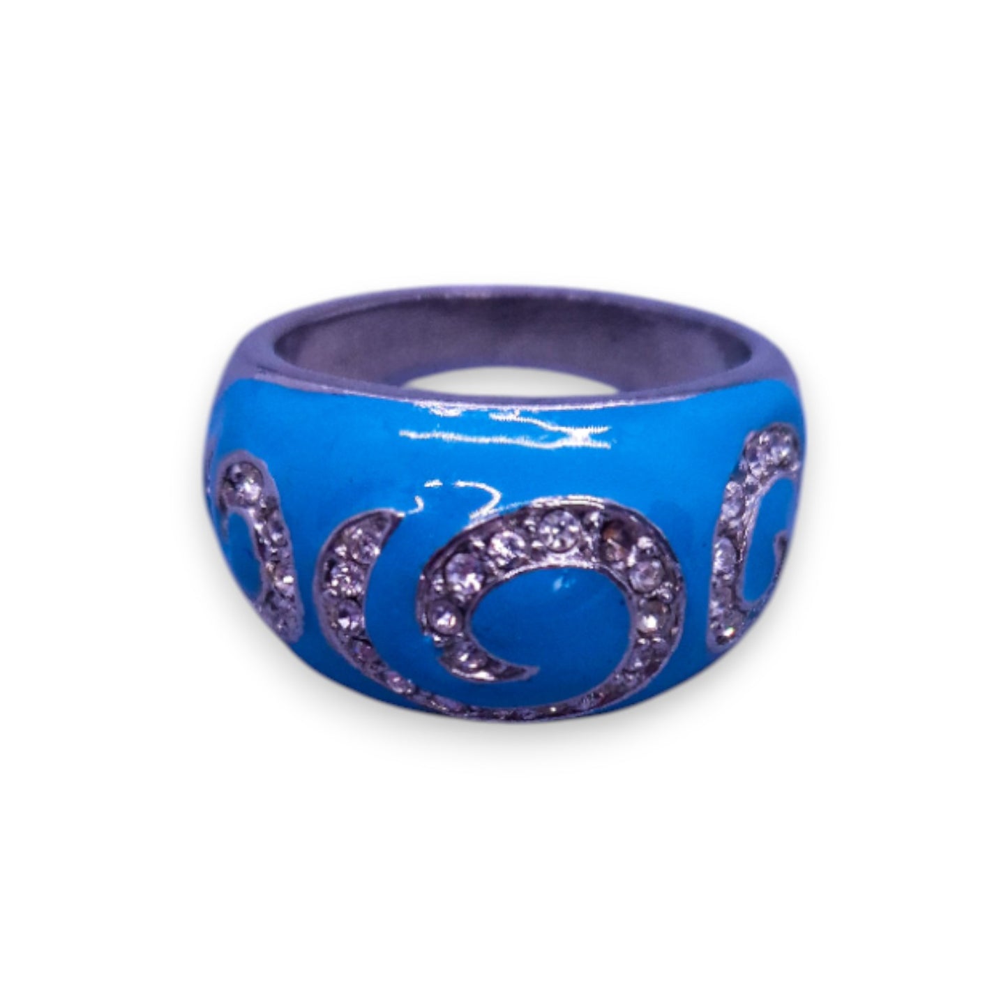 Silver Tone Clear Cubic Zirconia Enamelled Statement Ring