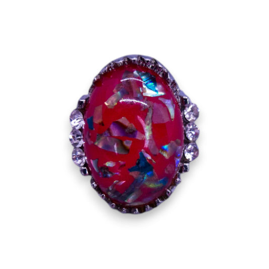 Silver Tone Red Confetti Stone Statement Ring