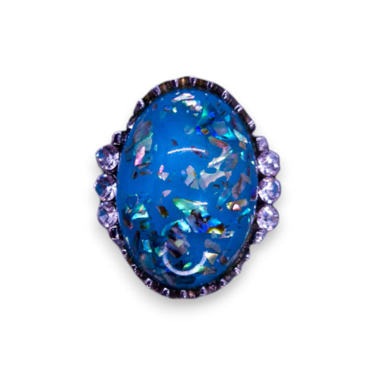 Silver Tone Blue Confetti Stone Statement Ring