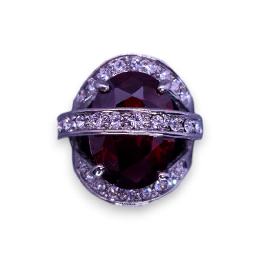 Silver Tone Red & Clear Stones Statement Ring