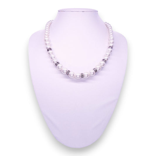 Silver Tone with Faux Pearls & Clear Stones Classic Necklace