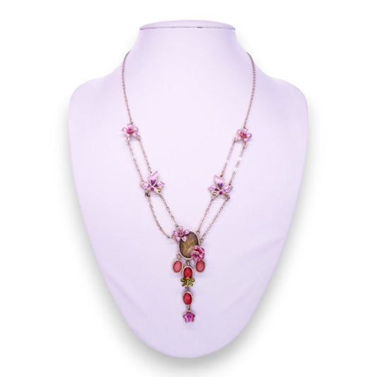 Silver Tone Clear & Pink Stones Nature Inspired Necklace