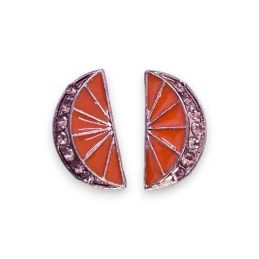 Gold Tone Cubic Zirconia Enamelled Statement Orange Segment Earrings