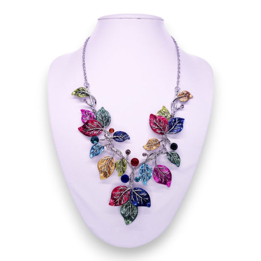Silver Tone Enamelled Nature Inspired Leaves Necklace