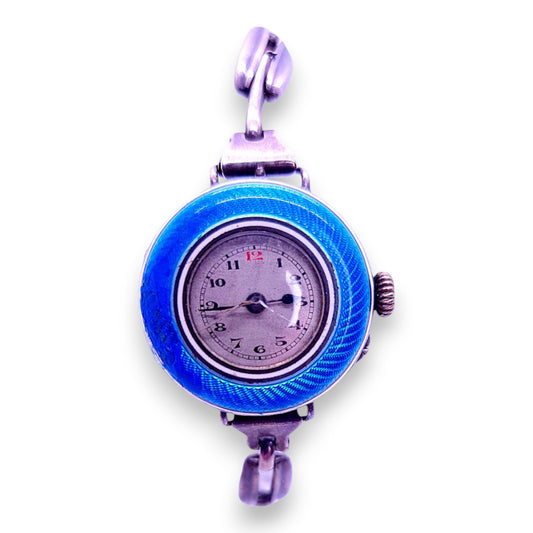 Montre femme ancienne guillochée en argent 925 et émail